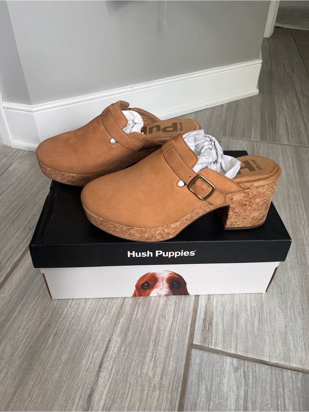 Hush Puppies Tan Cork Platform Mule with Buckle Accent